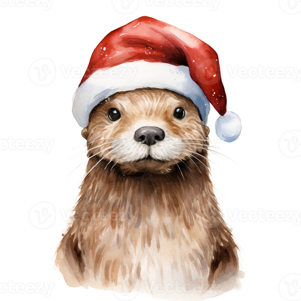 AI generated Otter Wearing Santa Hat For Christmas Event. Watercolor Style. AI Generated png