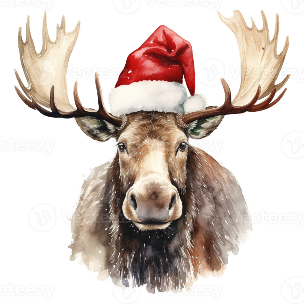 AI generated Moose Wearing Santa Hat For Christmas Event. Watercolor Style. AI Generated png