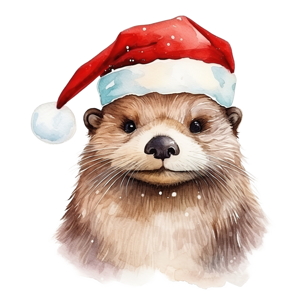 AI generated Otter Wearing Santa Hat For Christmas Event. Watercolor Style. AI Generated png