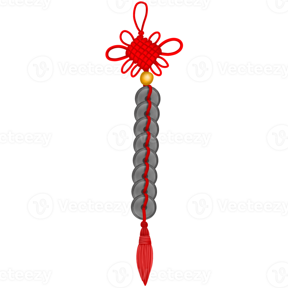 A hanging bunch of ancient Chinese style coins strung with red thread png