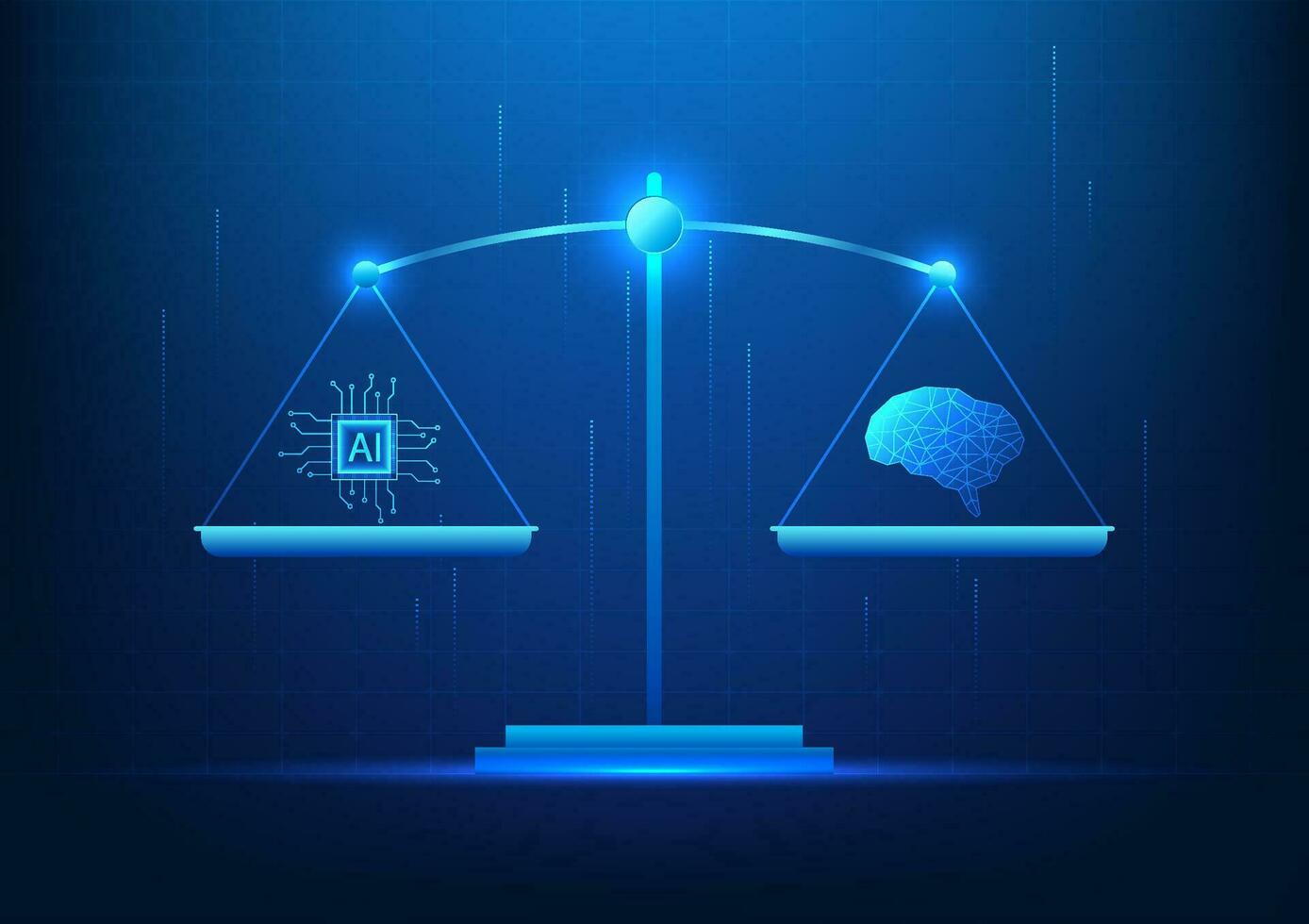 Weighing scale technology artificial intelligence scale with the human brain It shows how AI and the human brain work with similar performance. vector