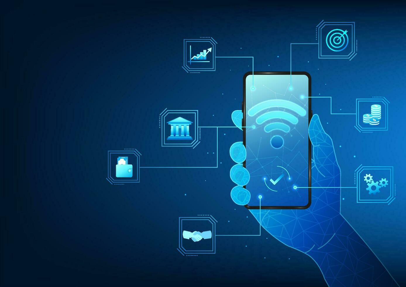 Smartphone technology and finance by connecting to the internet Mobile phones provide access to financial transactions. and has a data protection system mobile phone wifi icon screen vector