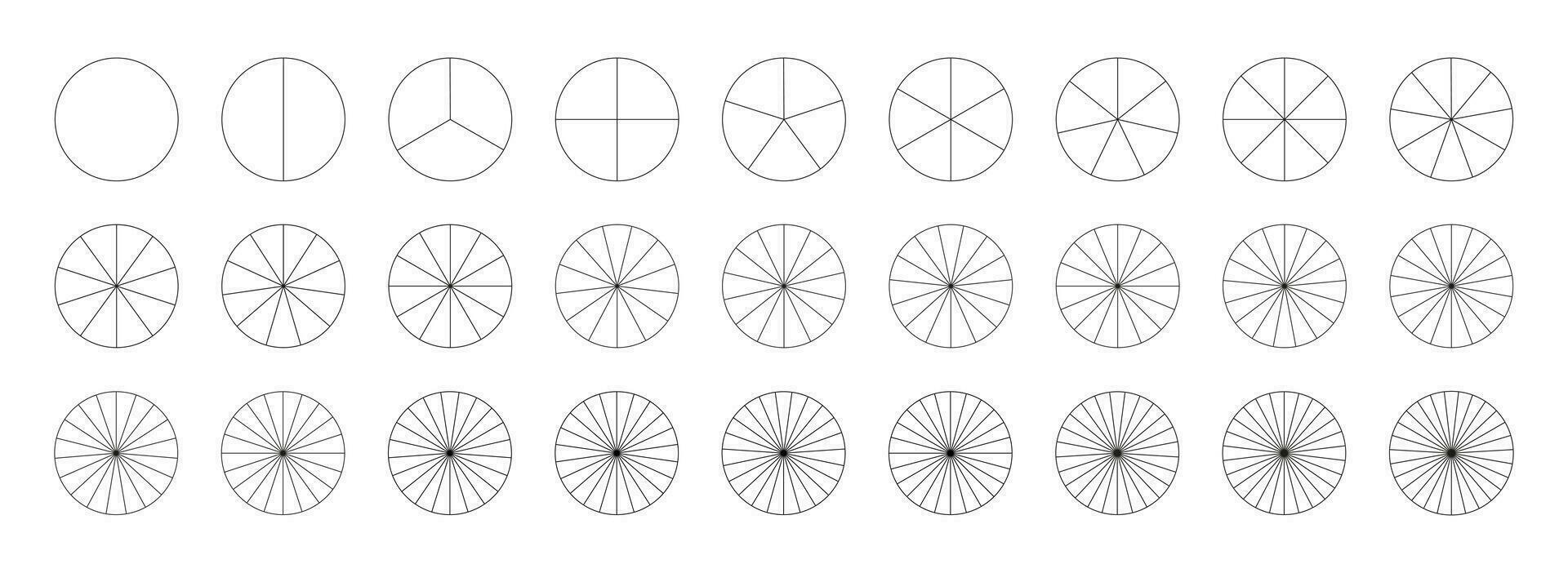 Pie chart template. Segmented charts collection. Many number of sectors divide the circle on equal parts. Outline black graphics. Set of pizza charts. Vector segments infographic. Diagram wheel parts.