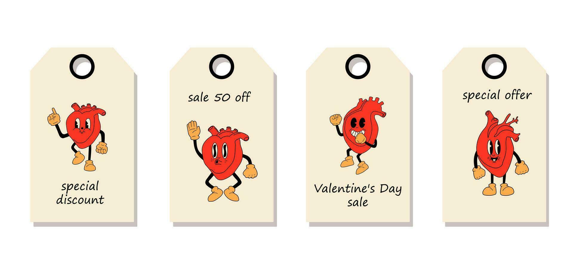 Vector set of discount price tags. Labels with Red heart cute mascot with happy face in retro comic style. Valentine's day sale.