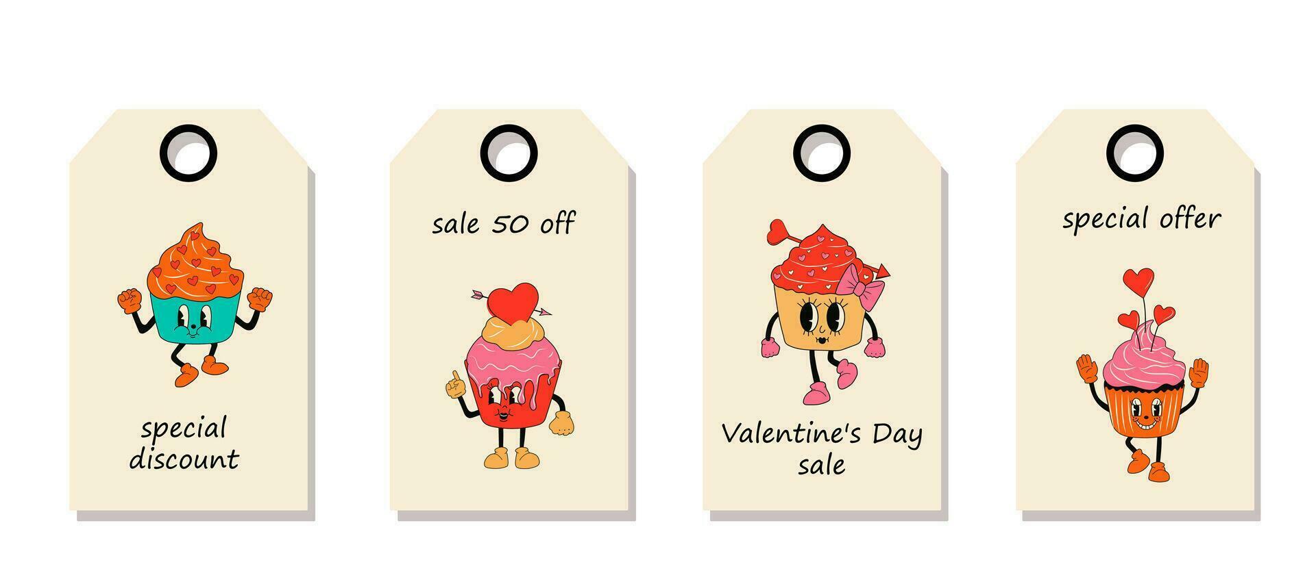 Vector set of discount price tags. Labels with Retro set cupcake 30s cartoon mascots characters. Valentine's day sale.