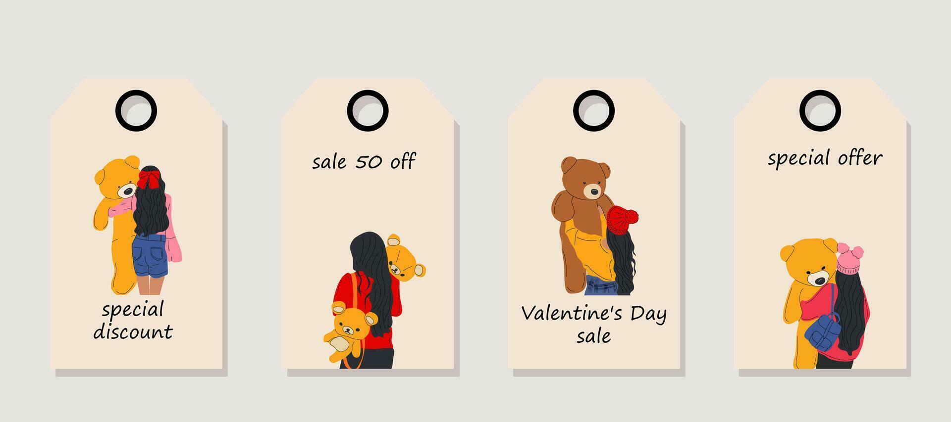 vector conjunto de descuento precio etiquetas etiquetas con bonito mujer abrazo un gigante osito de peluche oso muñeca. San Valentín día venta.