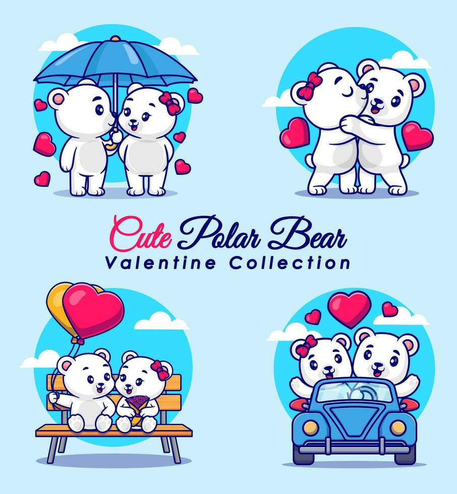 Cute polar bear couple with poses for valentine's day cartoon vector icon illustration