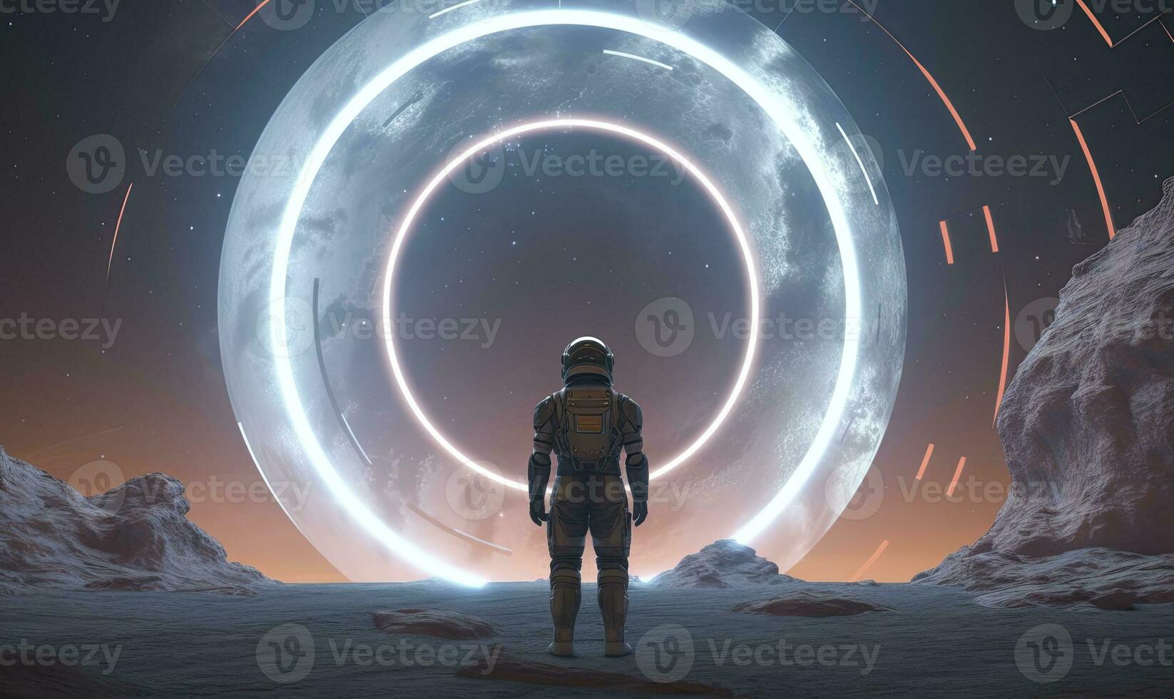 AI generated Astronaut in front of dimensional portal.  AI Generated. photo