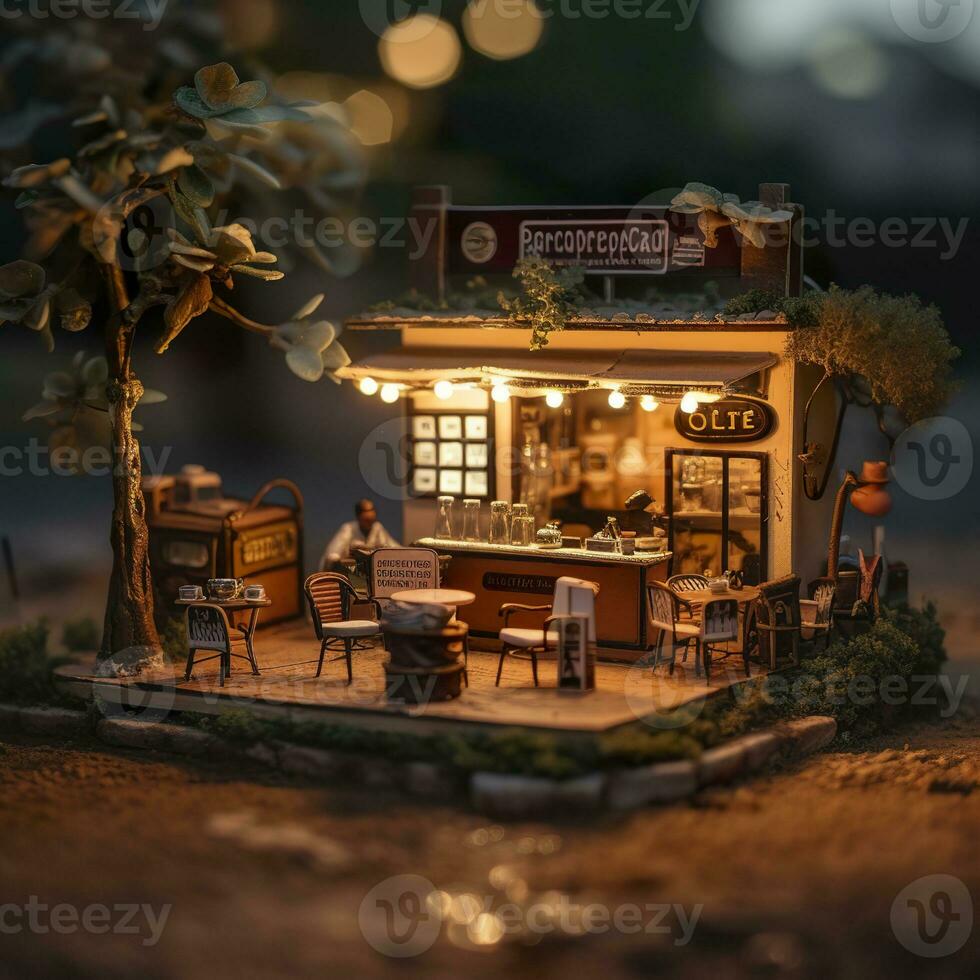 AI generated A charming and cozy coffee shop Set beside a busy highway with Warm and golden sunset light, and a Picturesque sunset view with vibrant colors. AI Generative photo