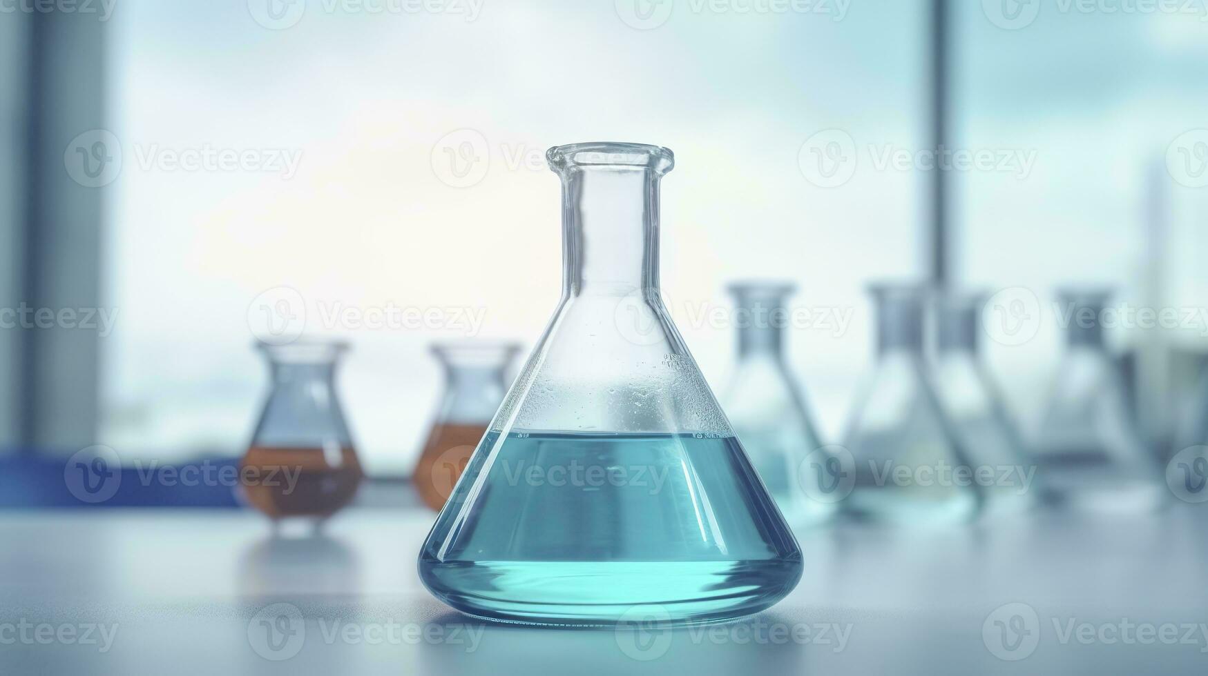 AI generated A Science Beaker in the laboratory on a table white and light blue background.. laboratory equipment out of focus. AI Generative photo