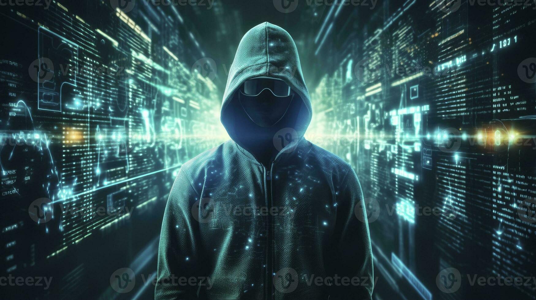 ai generado revelando el anónimo hacker digital intriga, invisible amenazas ai generado foto
