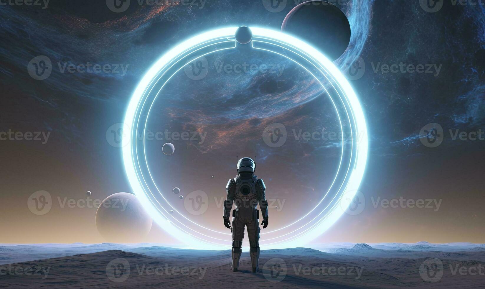 AI generated Astronaut in front of dimensional portal.  AI Generated. photo