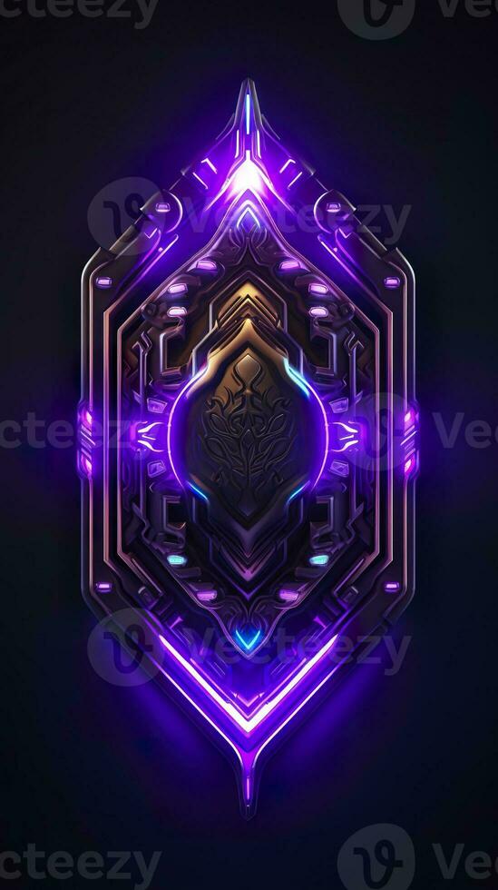 AI generated Amethyst 3D Minimalist Shield Design with a black or dark background with neon lines. AI Generative photo