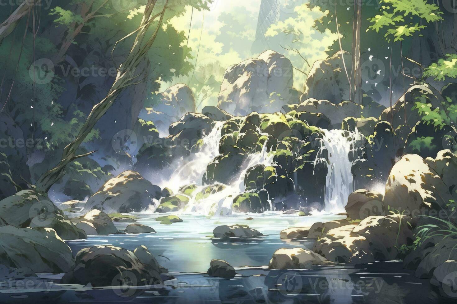 AI generated Watercolor scene of a cascading waterfall surrounded by rainforest. AI Generated. photo