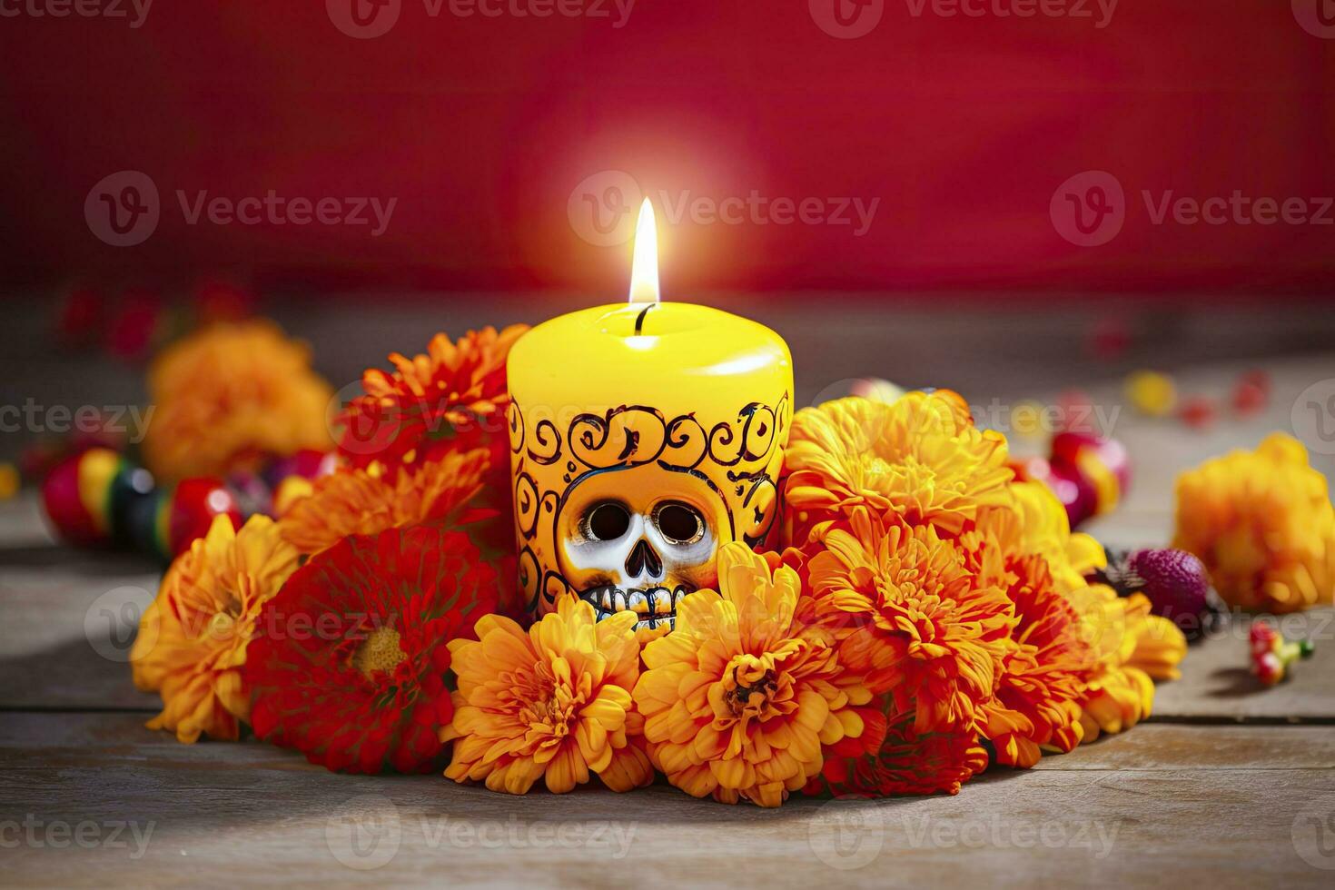 AI generated Candles and marigold flowers. Day of the dead concept dia de los muertos. AI Generated photo