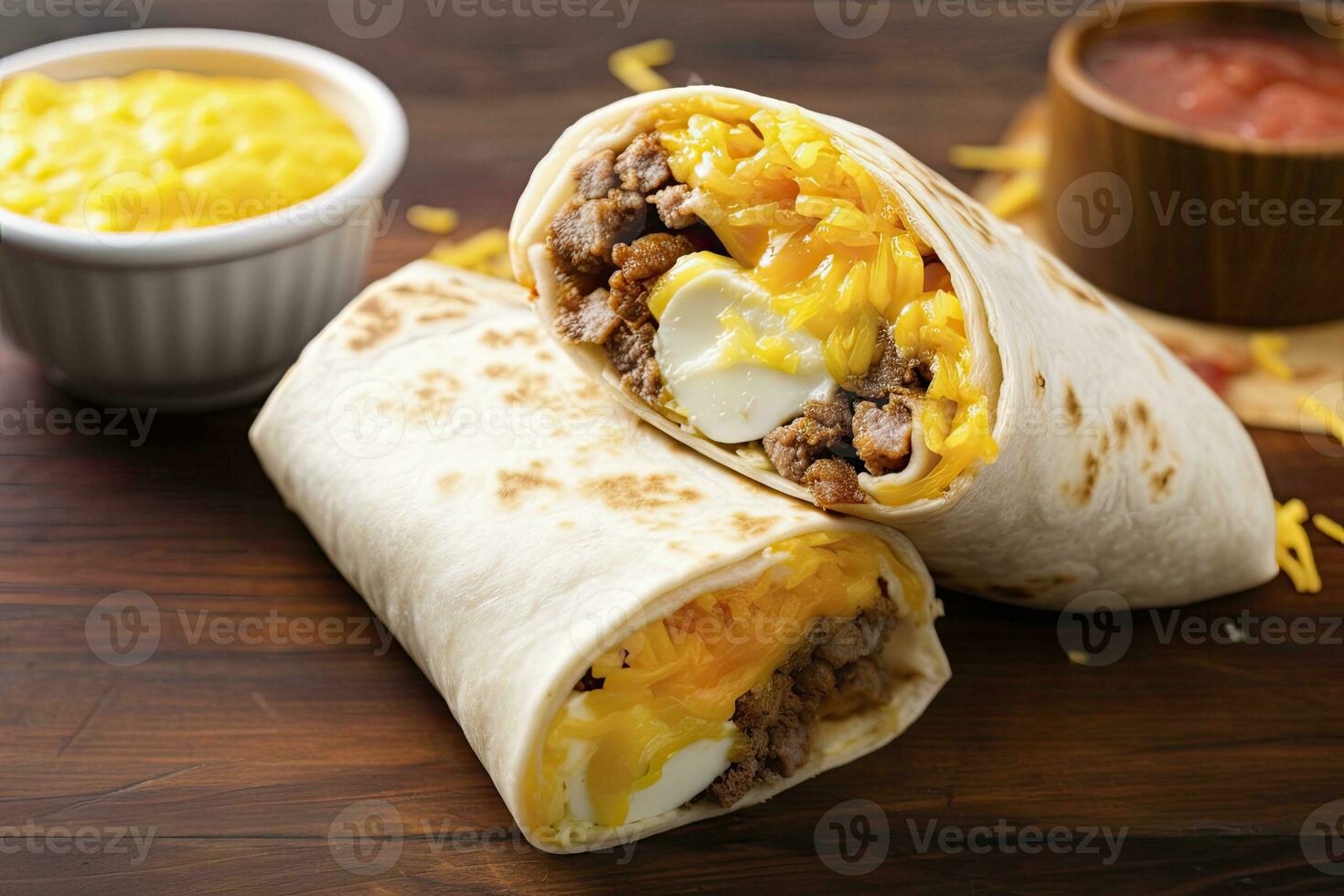 AI generated Breakfast burrito with sausage, eggs, hashbrown and cheese. AI Generated photo