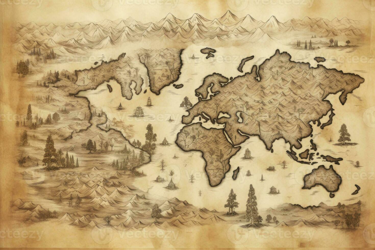 AI generated Great detailed illustration of the world map in vintage style. AI Generated photo