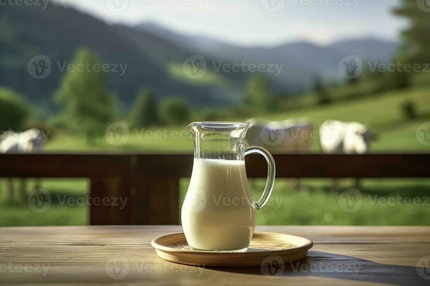 AI generated Glass pitcher with fresh milk on a wooden table. AI Generated photo