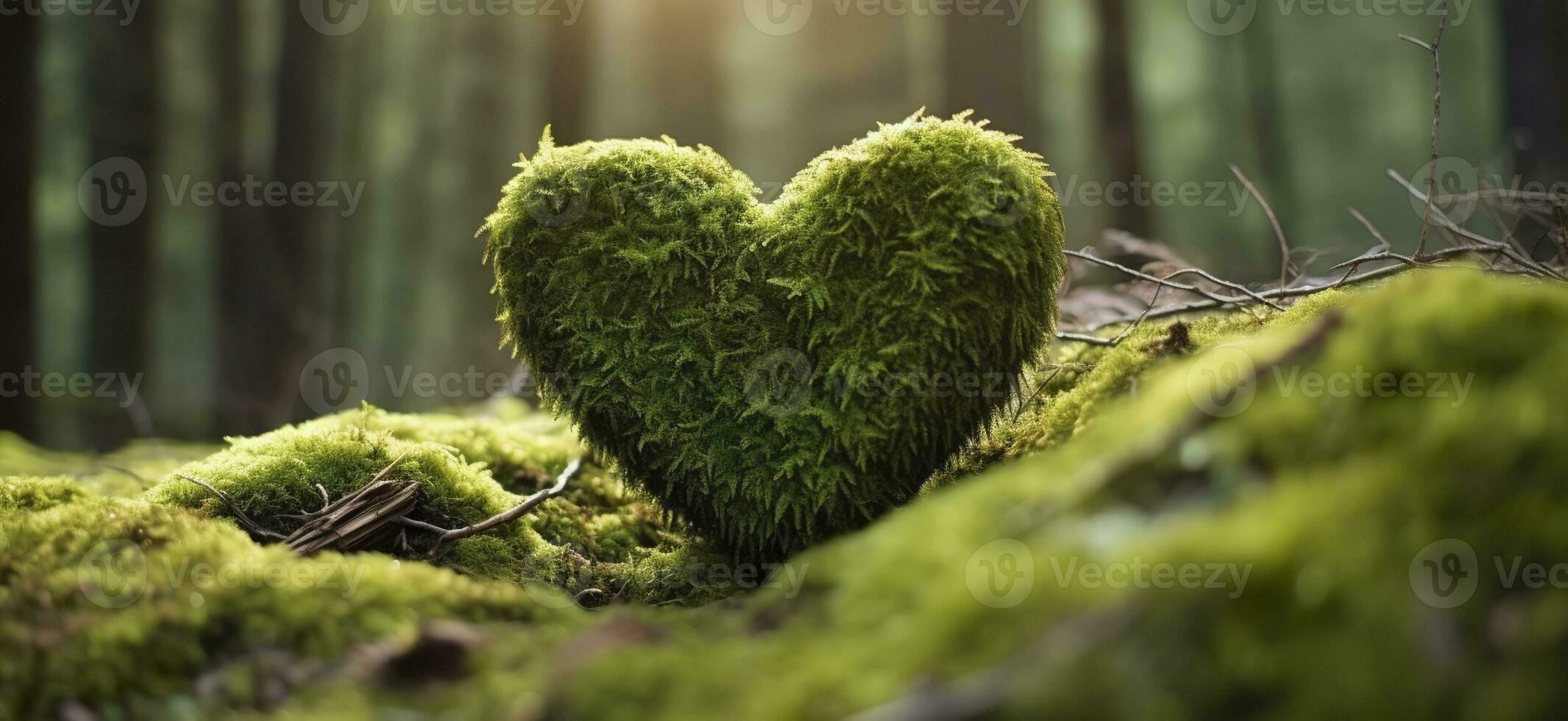 AI generated Closeup of wooden heart on moss. Natural burial grave in the woods. Generative AI photo