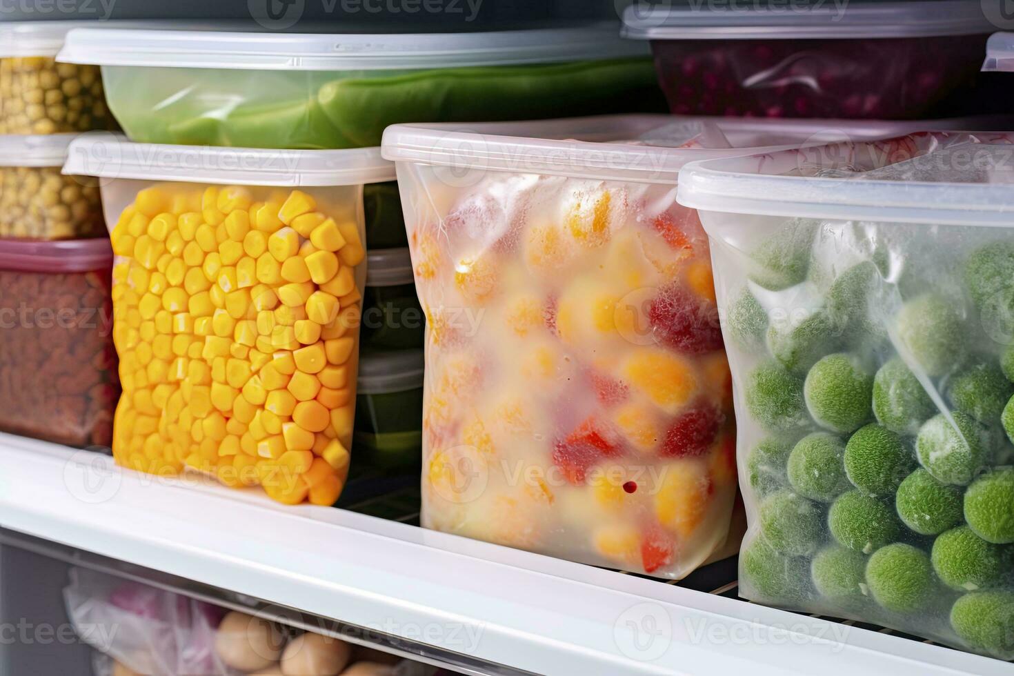 AI generated Frozen food in the freezer. Frozen vegetables. AI Generated photo