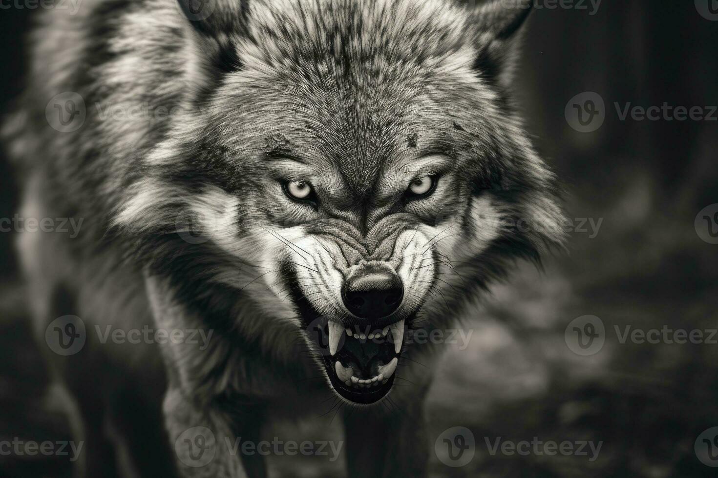 AI generated Greyscale closeup shot of an angry wolf with a blurred background. AI Generated photo