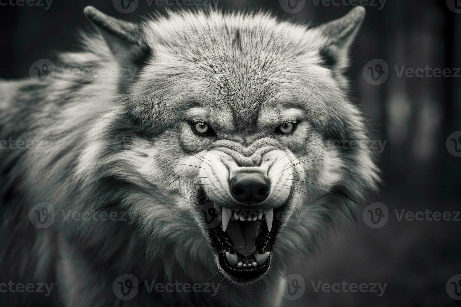 AI generated Greyscale closeup shot of an angry wolf with a blurred background. AI Generated photo