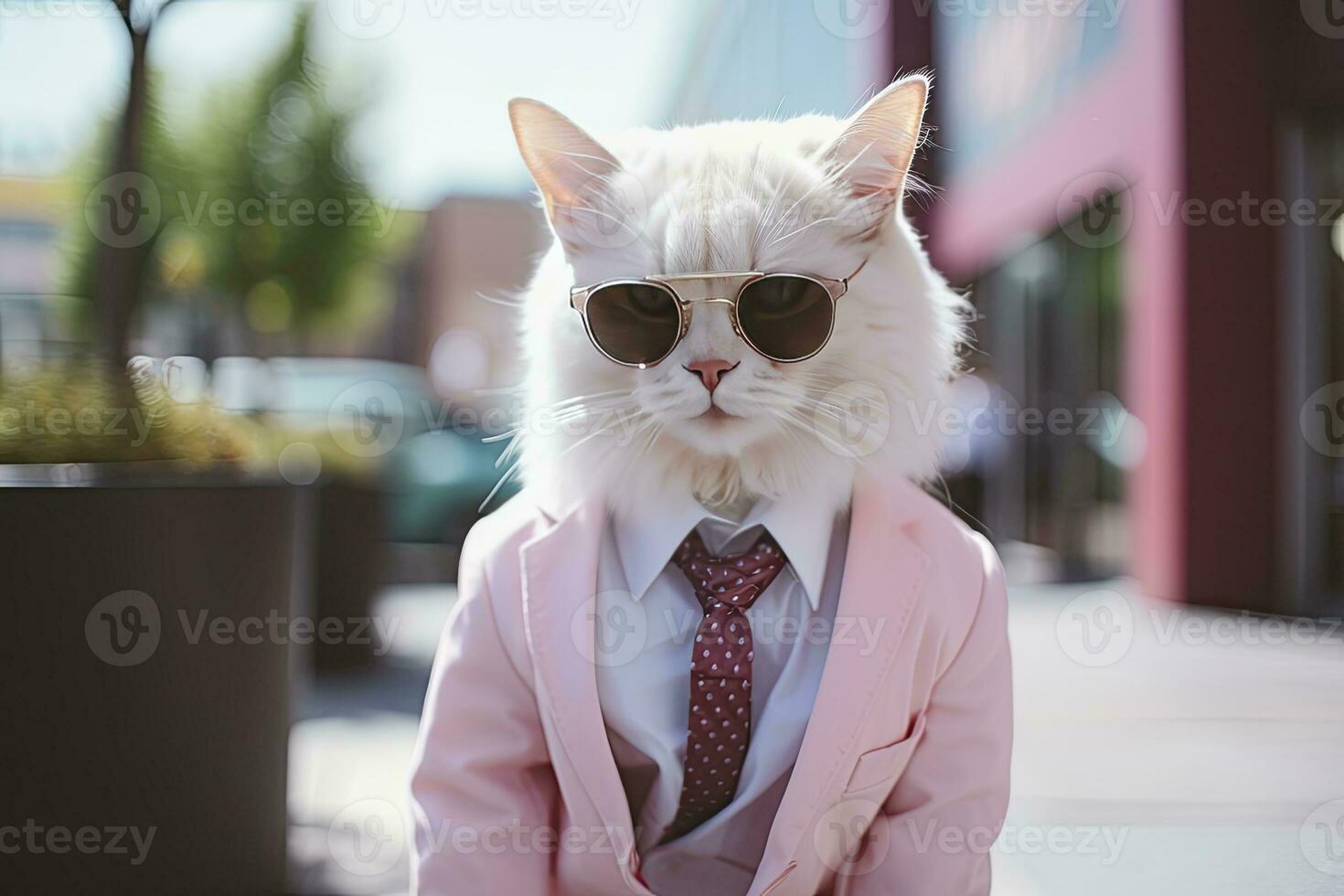 AI generated A cat is wearing sunglasses, suit and standing on street. AI Generated photo