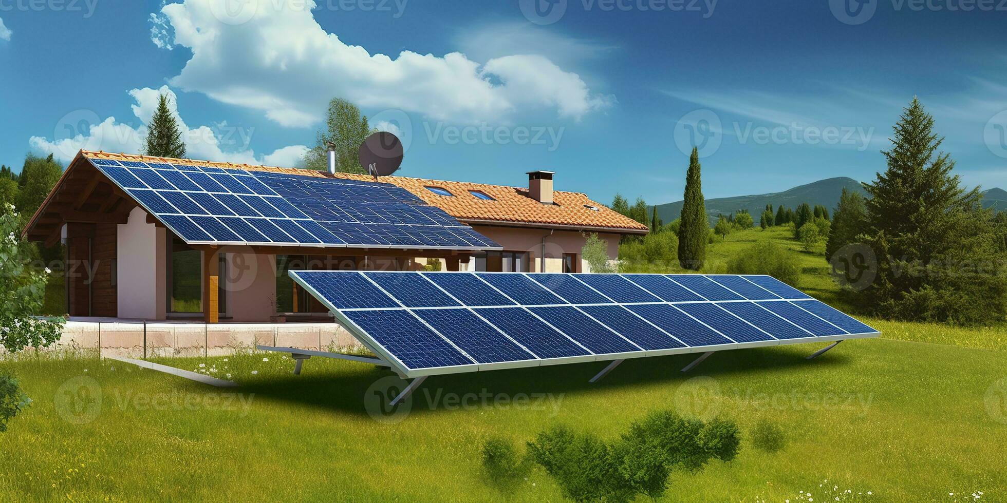 AI generated Photovoltaic solar panels. Sustainable energy. A mini power plant for a home. Generative AI photo