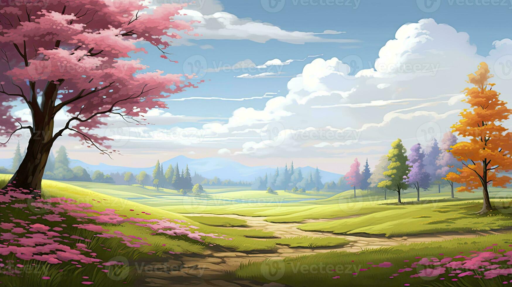 AI generated Spring season with colorful flowers and trees in a pretty meadow or field. AI Generated. photo