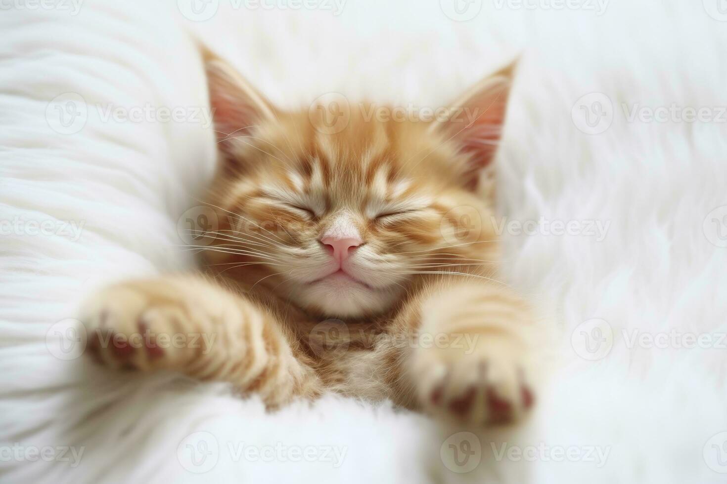 AI generated Red kitten, cat sleeping cute on white fur. Generative AI photo