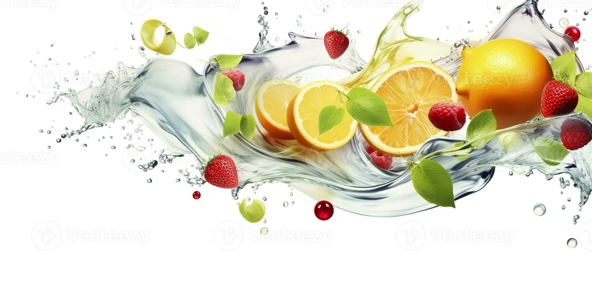 AI generated Swirl water splash with fruits. liquid flow with ice cubes and a mix of fresh fruits. Generative AI photo