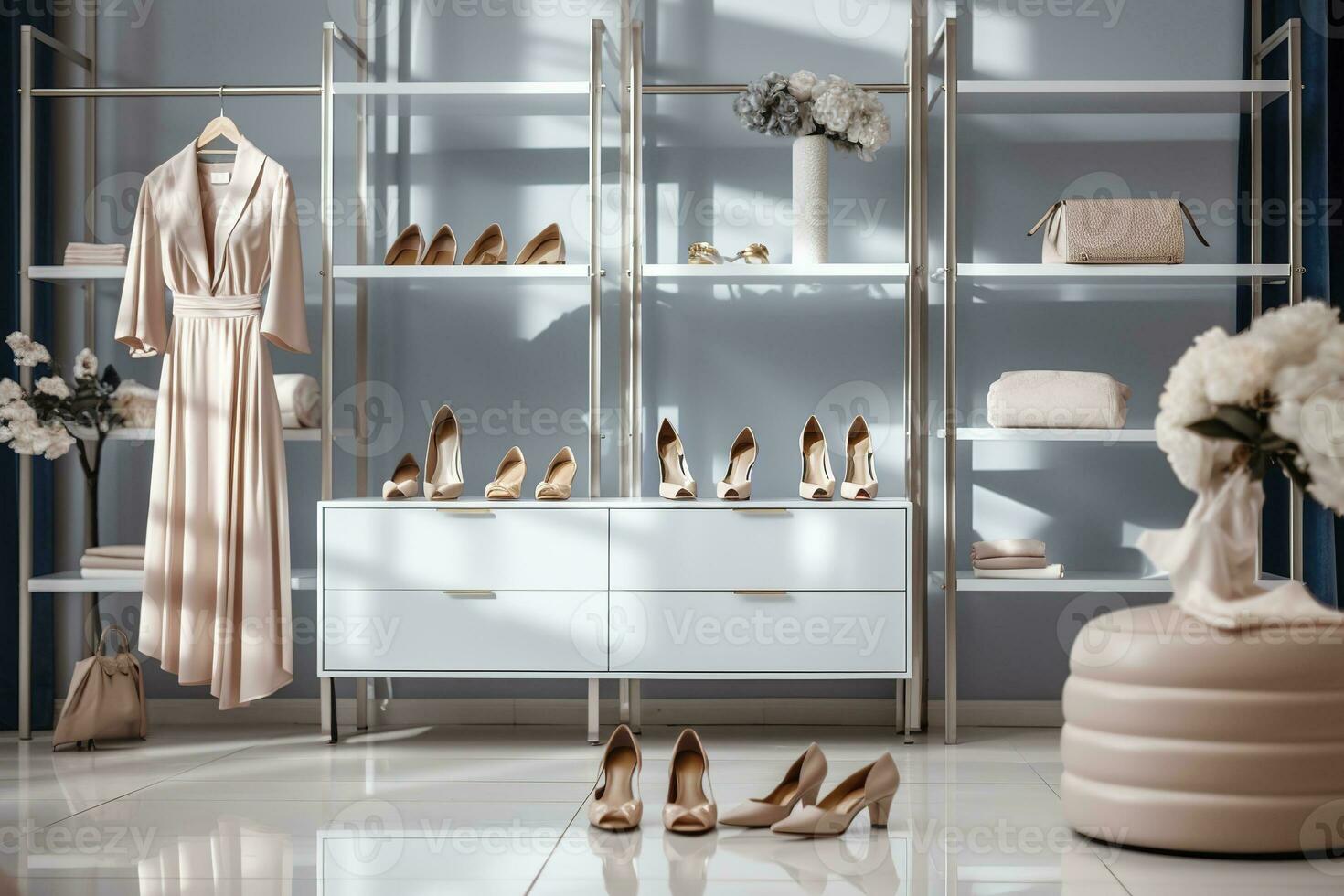 AI generated Stylish female clothes and shoes in a boutique. Generative AI photo