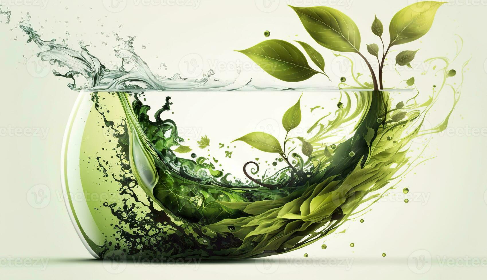 AI generated Green herbal tea wave splash with leaves flow. AI Generated photo