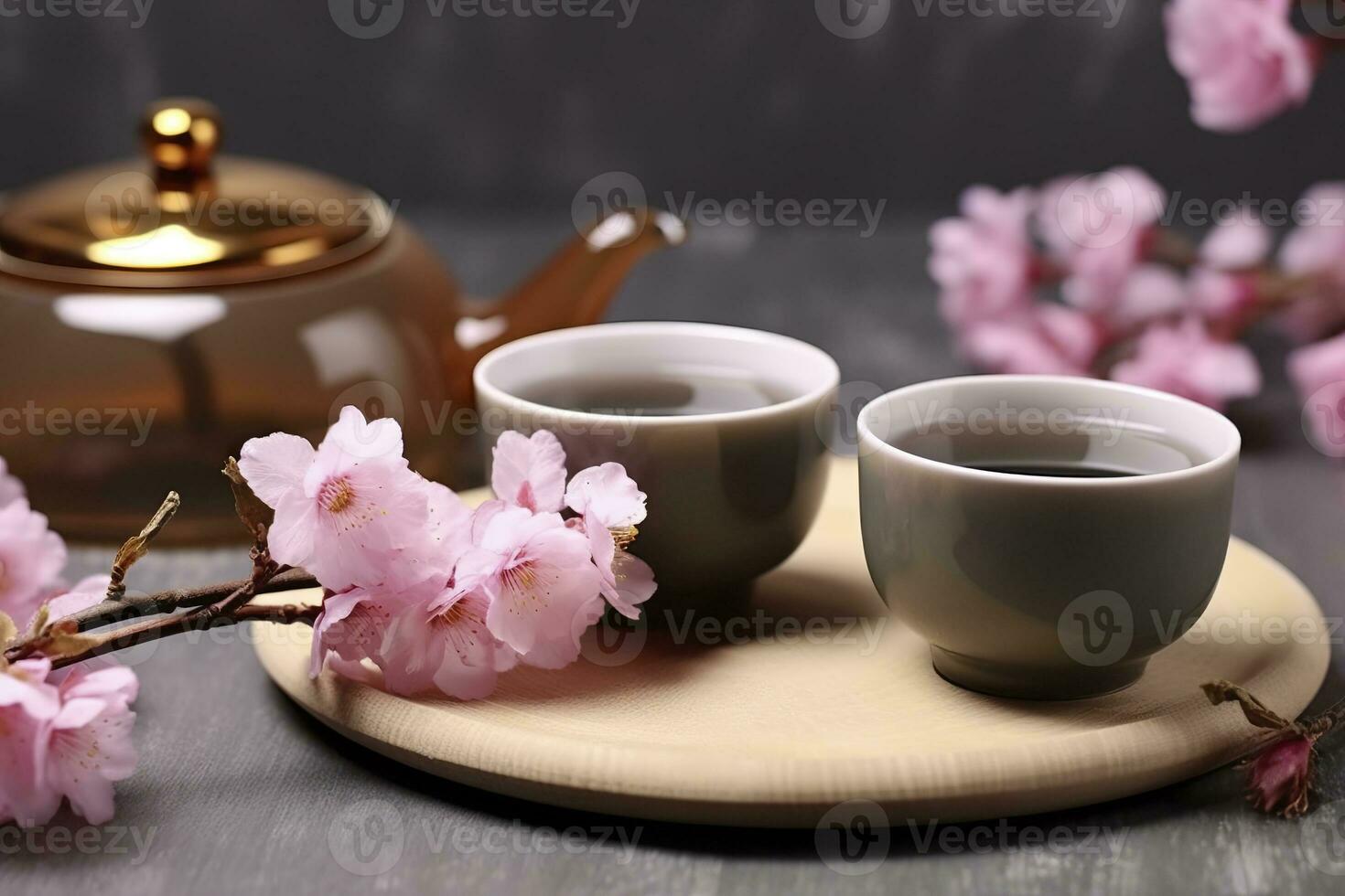 ai generado tradicional ceremonia. tazas de elaborada té, tetera y sakura flores en gris mesa. generativo ai foto