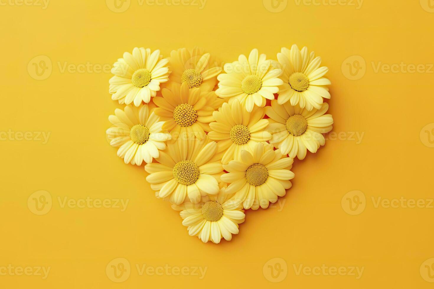 AI generated Yellow Heart Shaped By Yellow Daisies Over Yellow Background. AI Generated photo