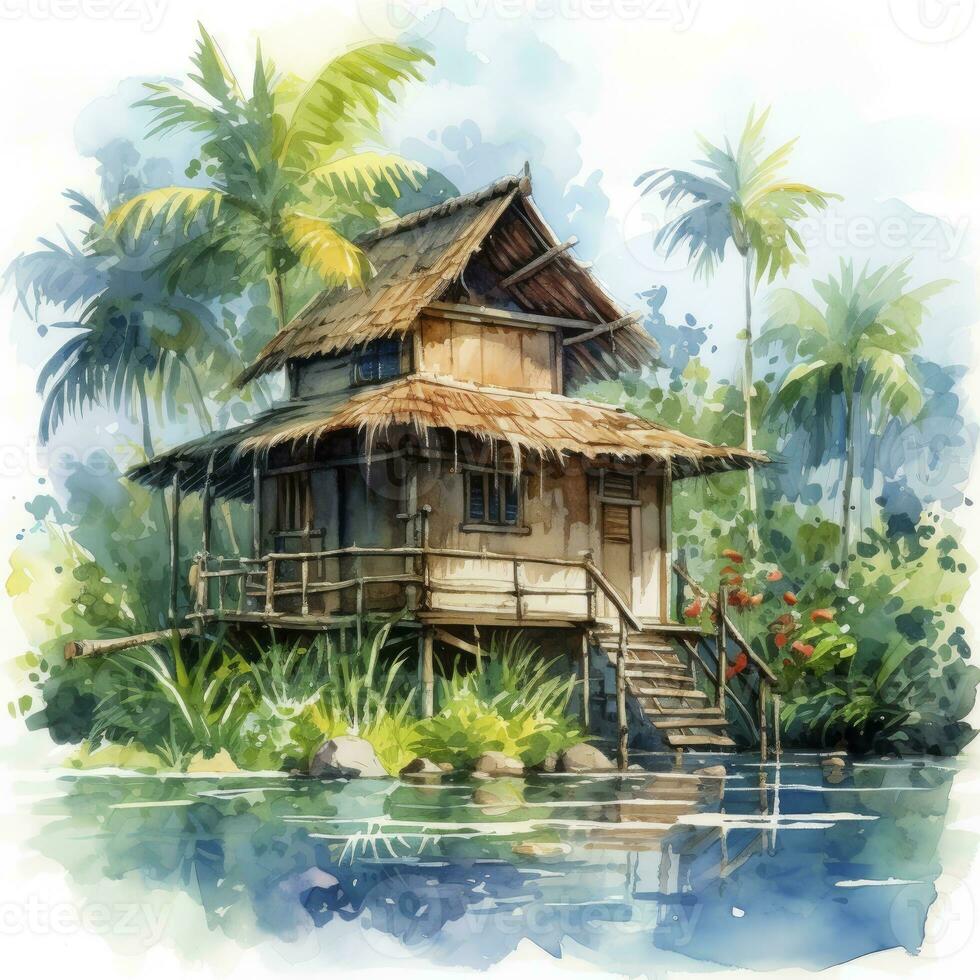 AI generated A watercolored bright serene image of a traditional bahay kubo. AI Generated photo