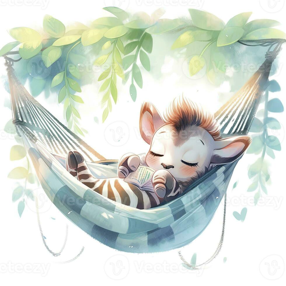 AI generated A sleepy baby zebra in a hammock. watercolor illustrations. AI Generated photo