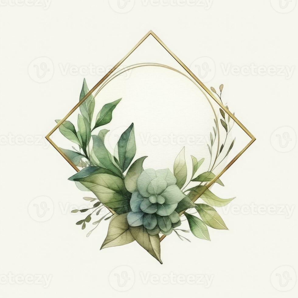 AI generated Watercolor geometry shape wreath with green leaf. AI Generated photo