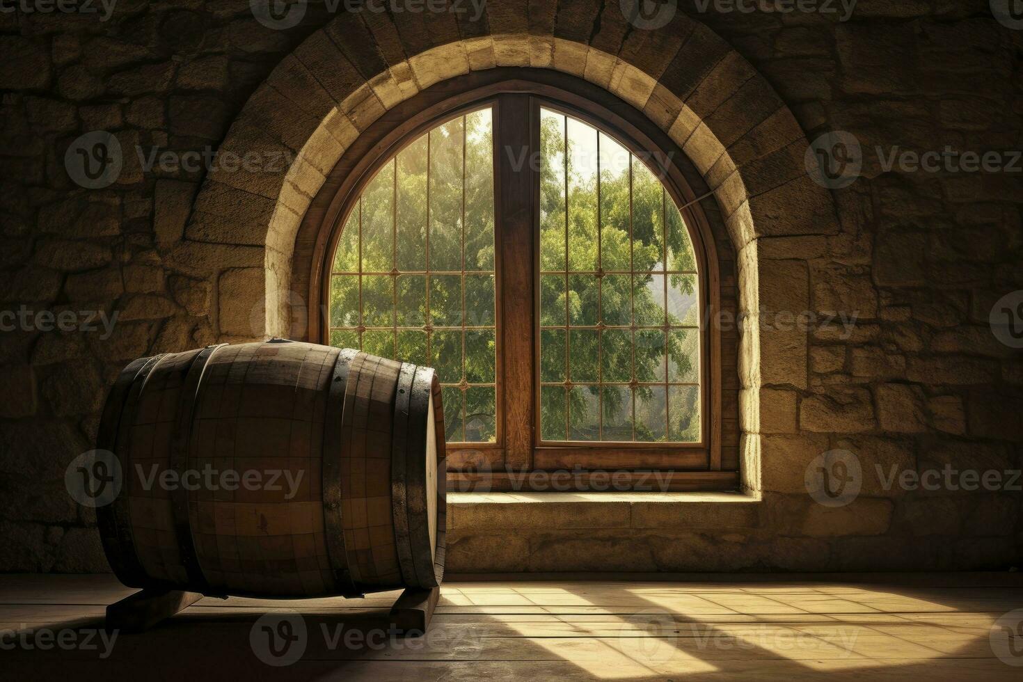 AI generated Barrel in an ancient castle beside the window. AI Generated photo