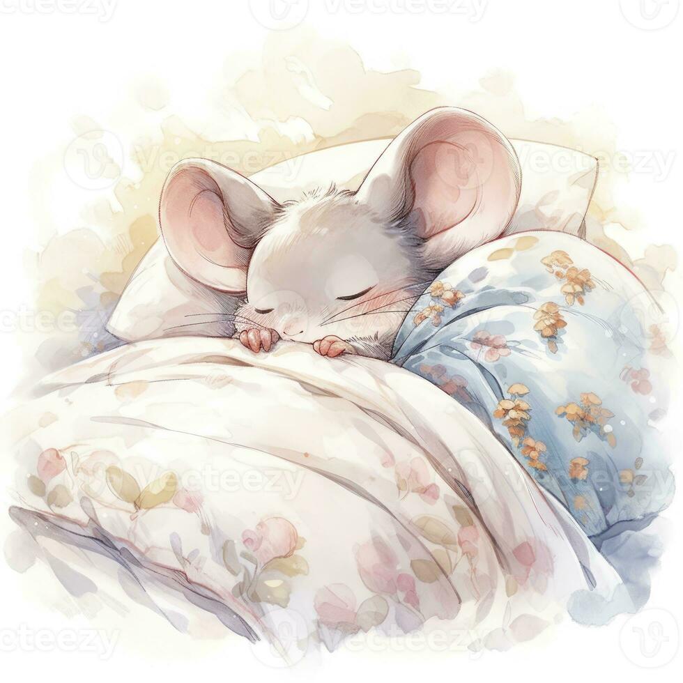 AI generated A sleepy baby mouse in a bedding, watercolor illustration.  AI Generated photo