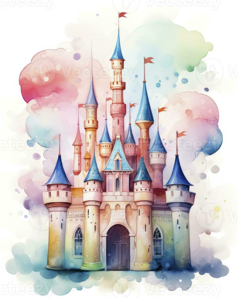 AI generated Colorful watercolor kawaii castle isolated on white background. AI Generated photo