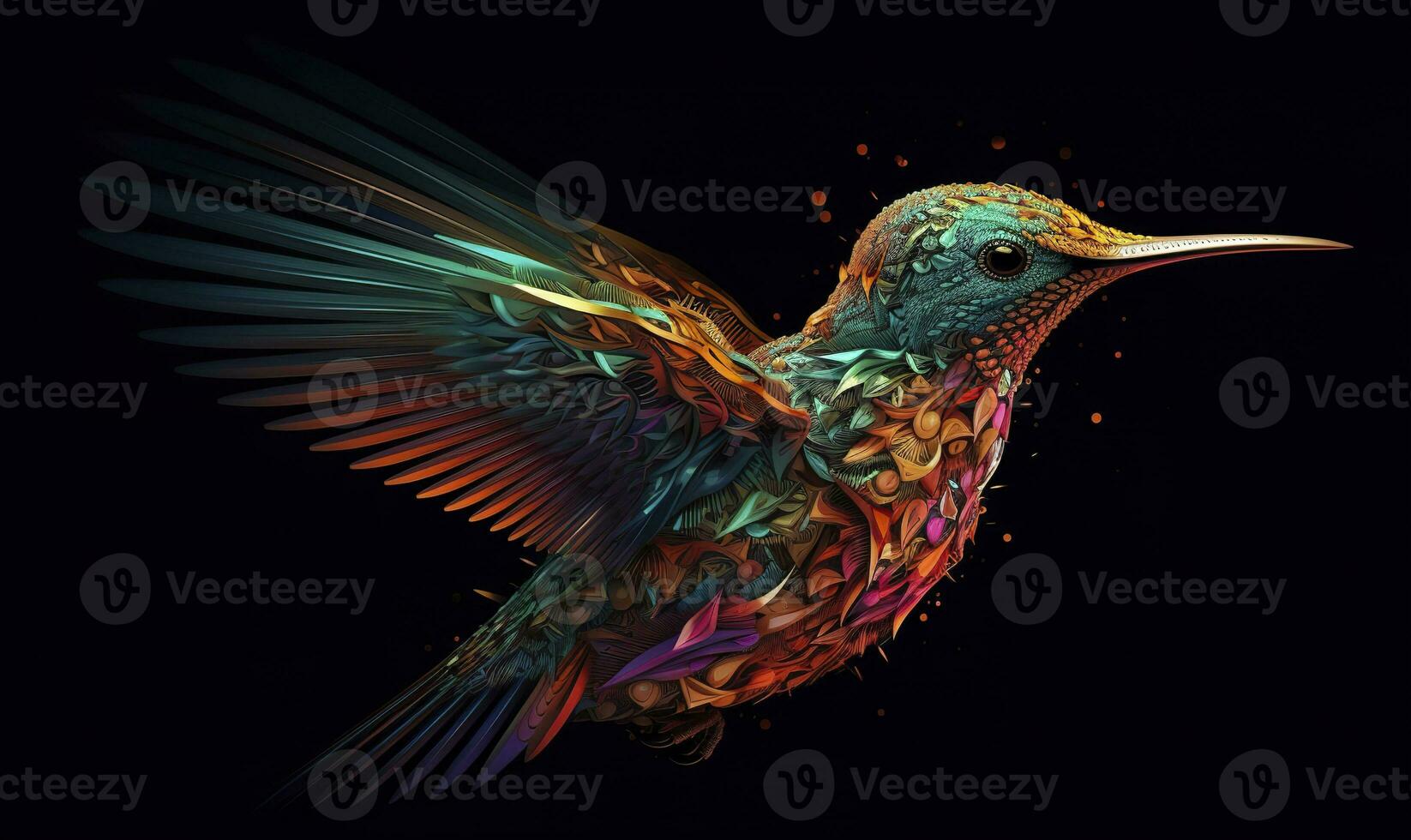 AI generated hummingbird logo with multiple colors flying through the air.  AI Generated photo