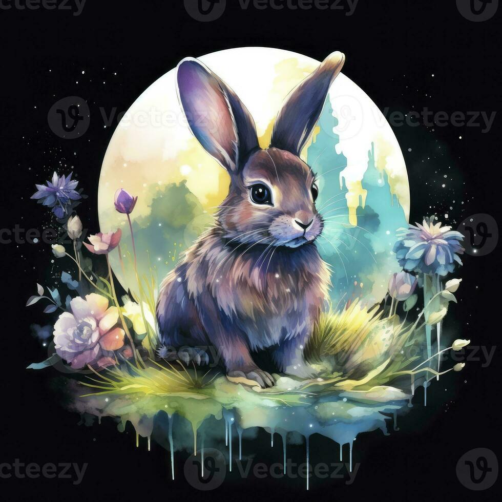 AI generated Watercolor Rabbit and Glowing Moon for T-shirt Design. AI Generated photo