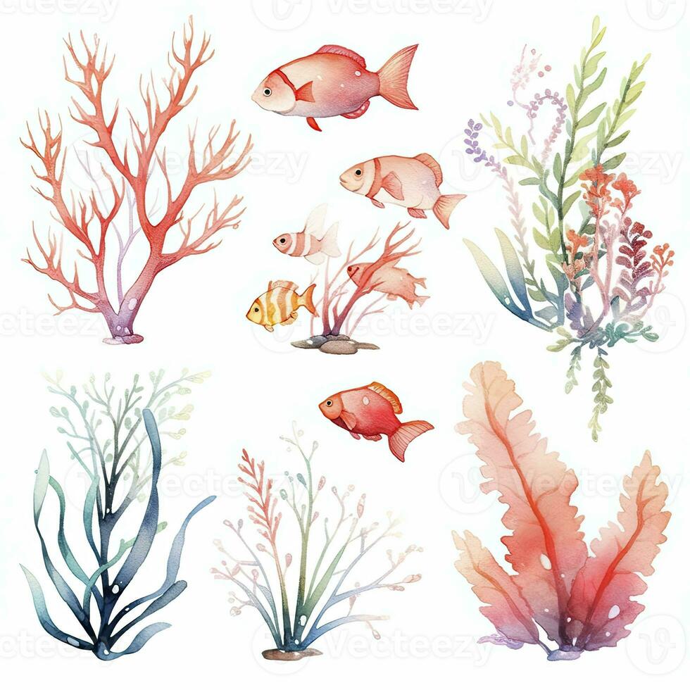 AI generated Underwater Sea element in watercolor on the white background. AI Generated photo