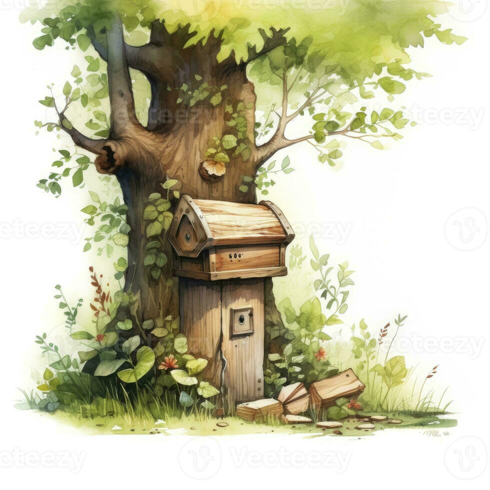 AI generated Watercolor mailbox in a tree on a white background. AI Generated photo