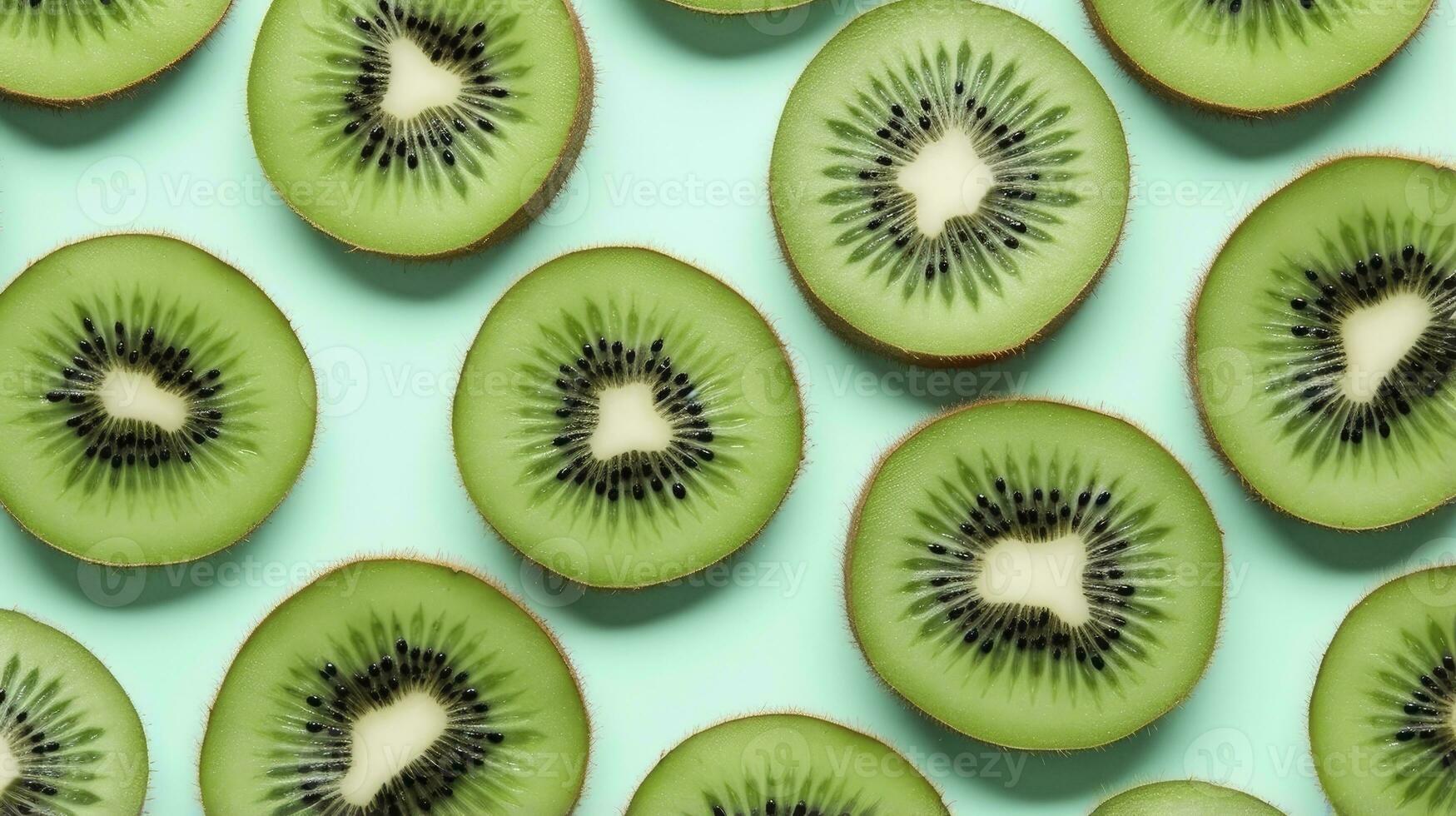 AI generated Slices of kiwi fruit and green mint leaves on a light pastel blue background. AI Generated photo