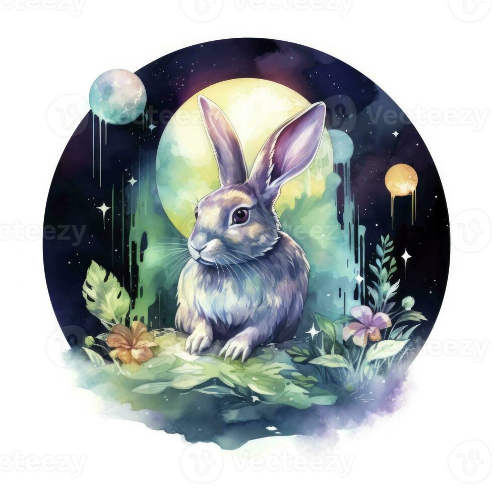 AI generated Watercolor Rabbit and Glowing Moon for T-shirt Design. AI Generated photo