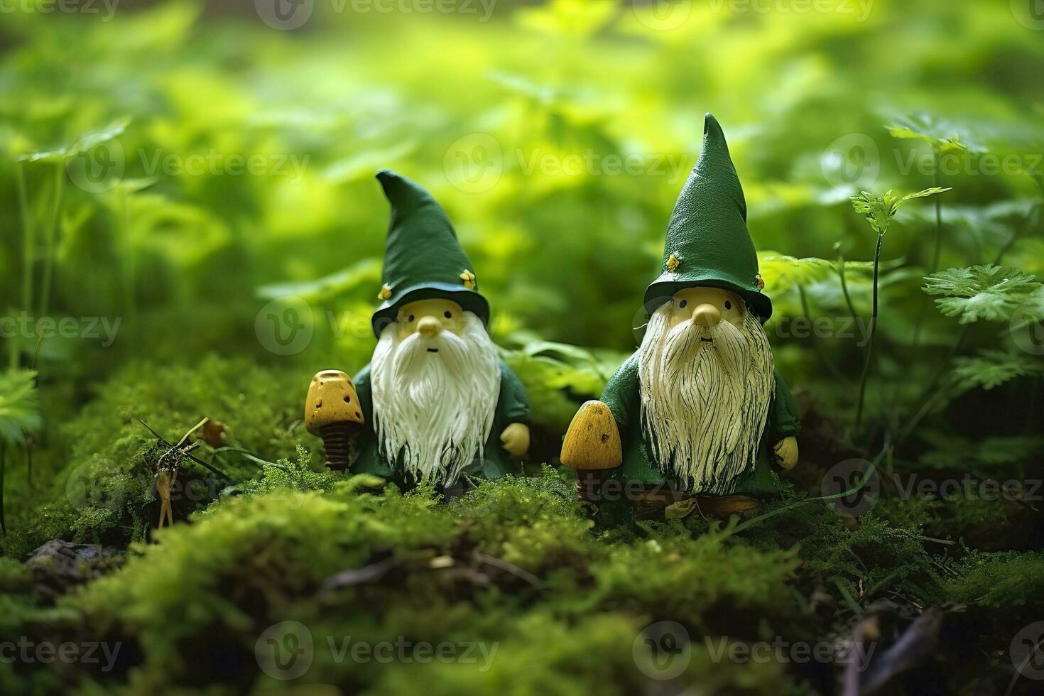 AI generated Toy Irish gnomes in a mystery forest, abstract green natural background. Generative AI photo