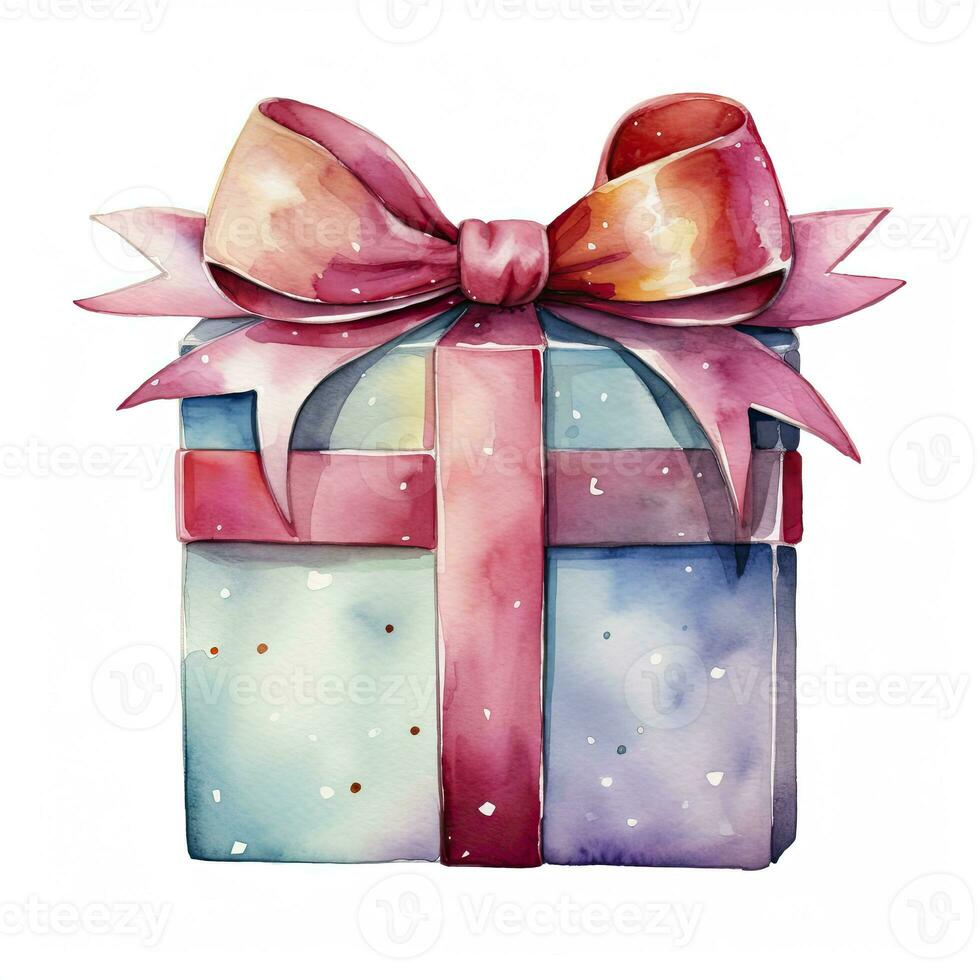 AI generated Watercolor birthday present with bow isolated on white background.  AI Generated photo