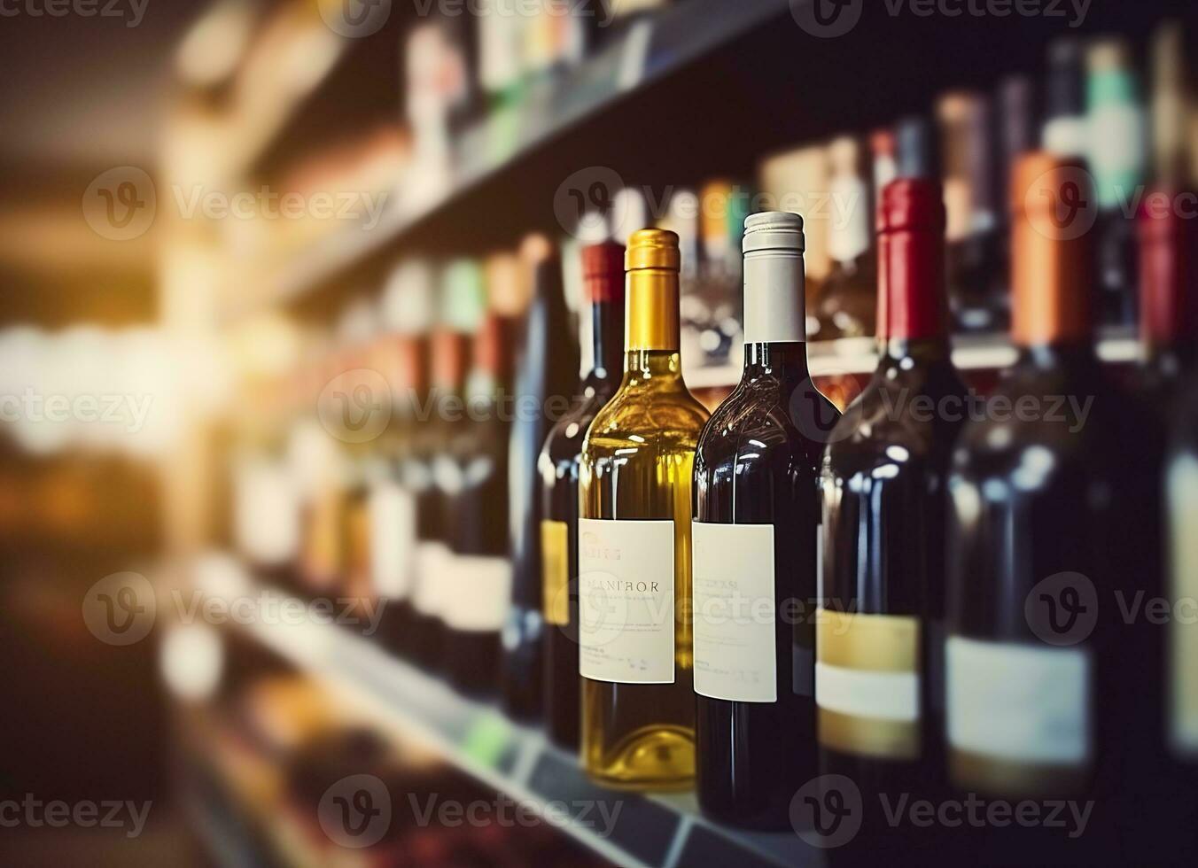 AI generated Abstract blur wine bottles on liquor alcohol shelves in supermarket store background. Generative AI photo